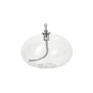 Lampe à huile transparente avec une mèche de coton en forme de galet.