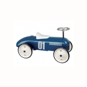 Porteur enfant en forme de voiture vintage en métal et de couleur bleu pétrole