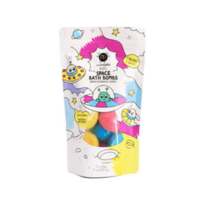 Sachet blanc contenant 7 petites boules de bain colorées.