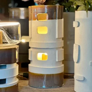 Lampe en Céramique artisanale PARALUME TOUR - Blanc et Ocre